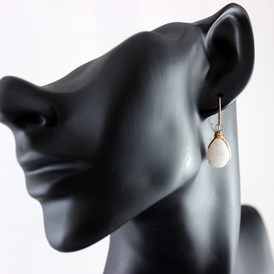 White Druzy Gold Teardrop Earrings