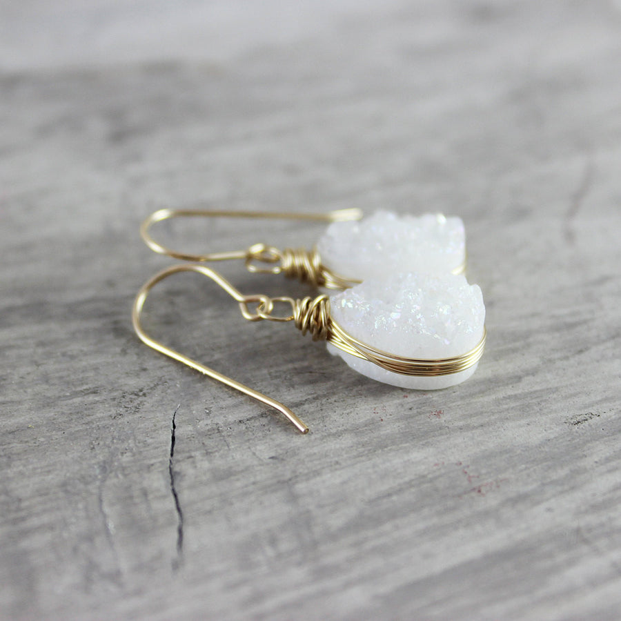 White Druzy Gold Teardrop Earrings