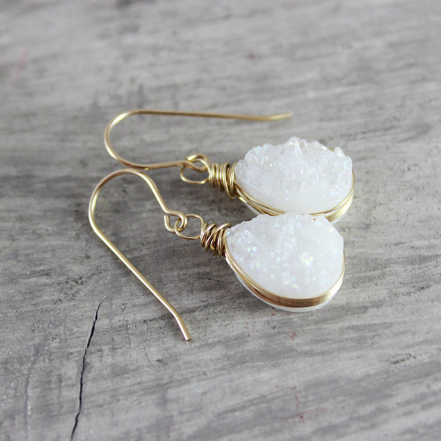 White Druzy Gold Teardrop Earrings