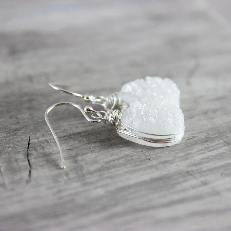 White Druzy Teardrop Silver Earrings