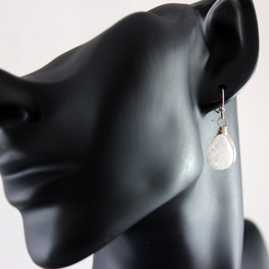 White Druzy Teardrop Silver Earrings