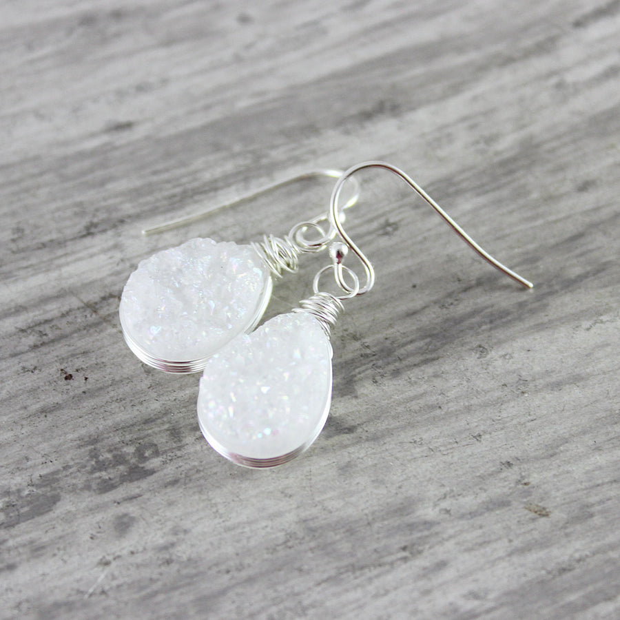 White Druzy Teardrop Silver Earrings