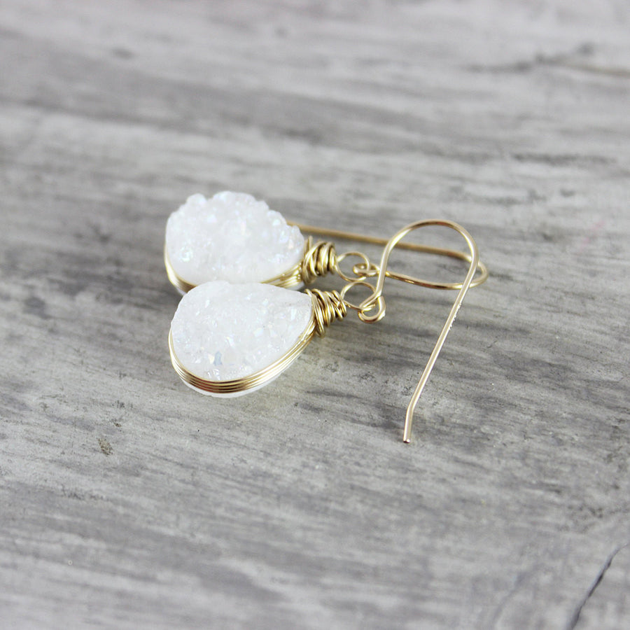 White Druzy Gold Teardrop Earrings