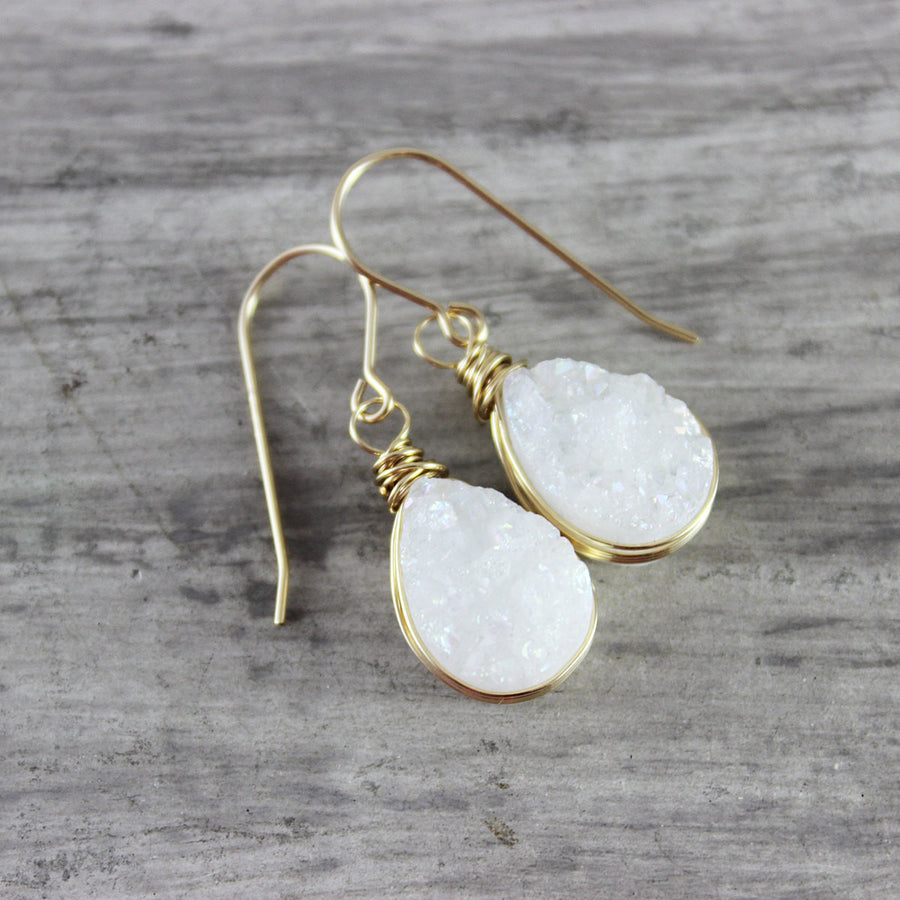 White Druzy Gold Teardrop Earrings