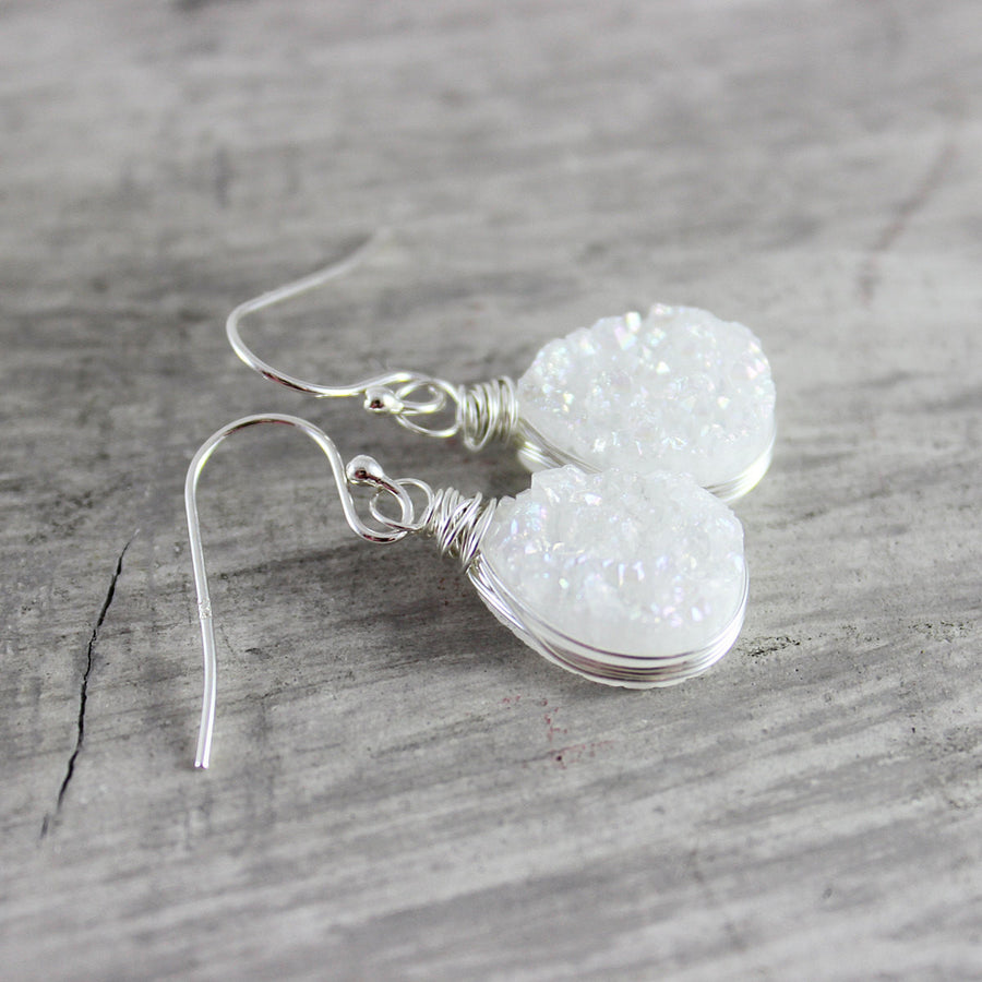 White Druzy Teardrop Silver Earrings