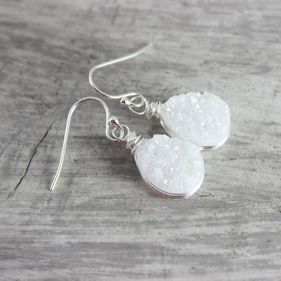 White Druzy Teardrop Silver Earrings