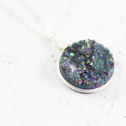 Large Rainbow Druzy Sterling Silver Circle Pendant Necklace