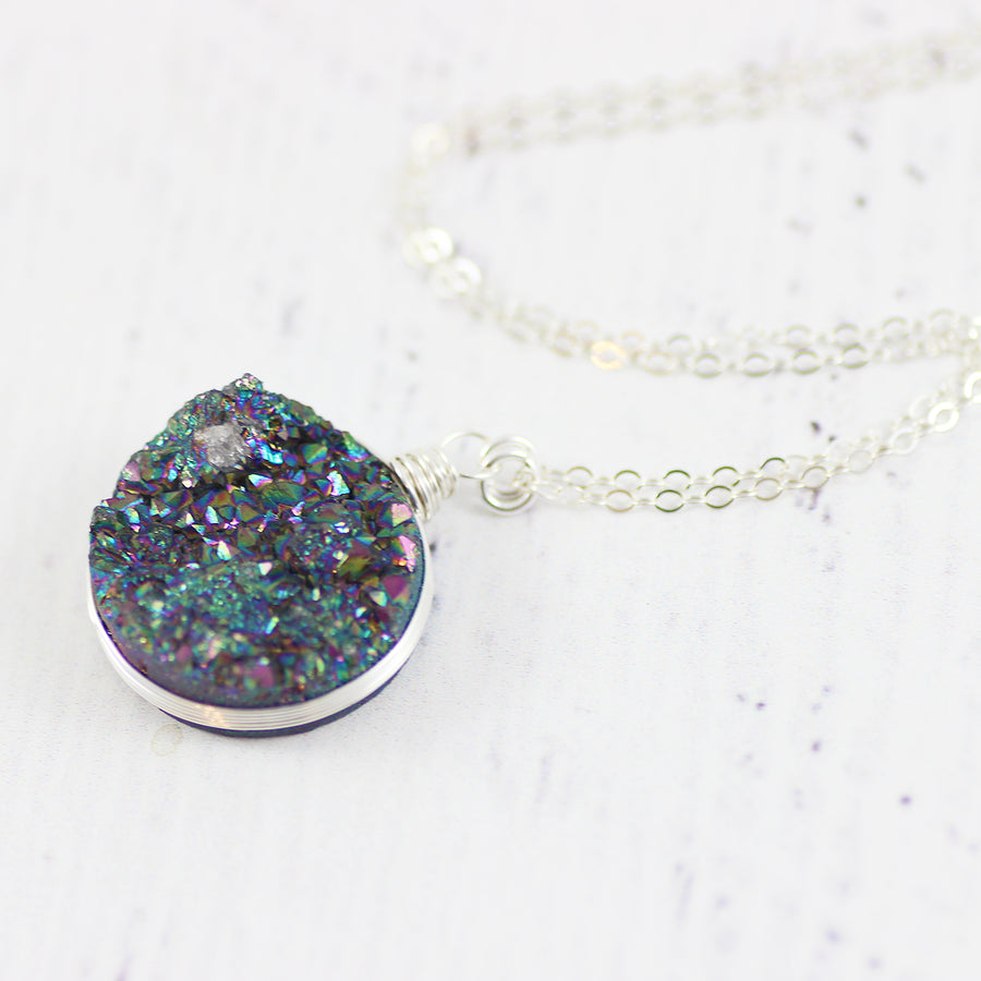 Large Rainbow Druzy Sterling Silver Circle Pendant Necklace