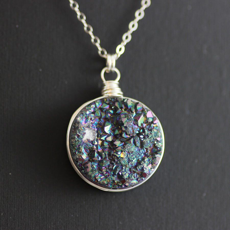 Large Rainbow Druzy Sterling Silver Circle Pendant Necklace