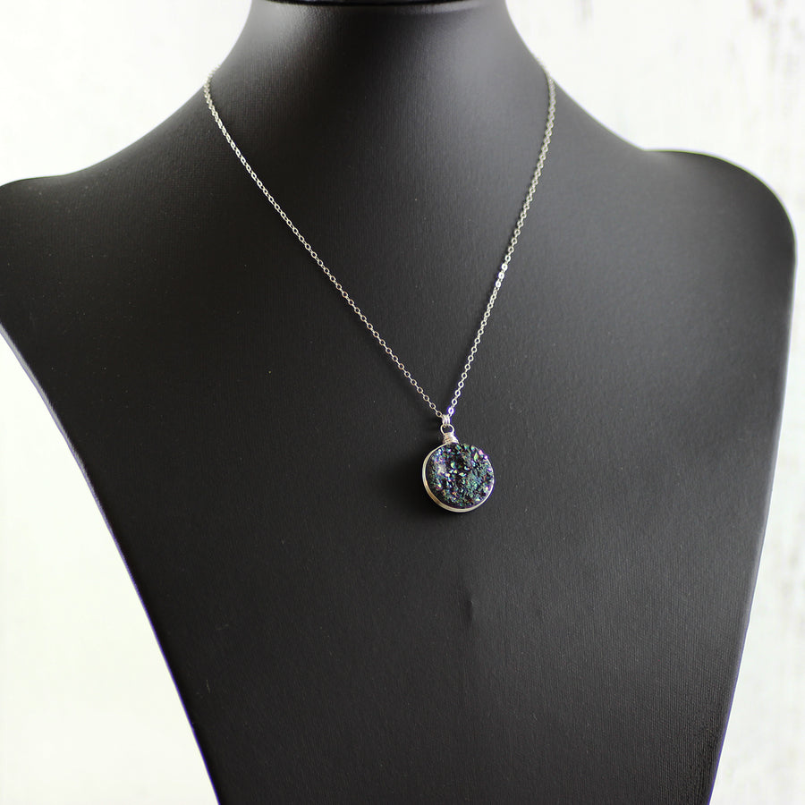 Large Rainbow Druzy Sterling Silver Circle Pendant Necklace