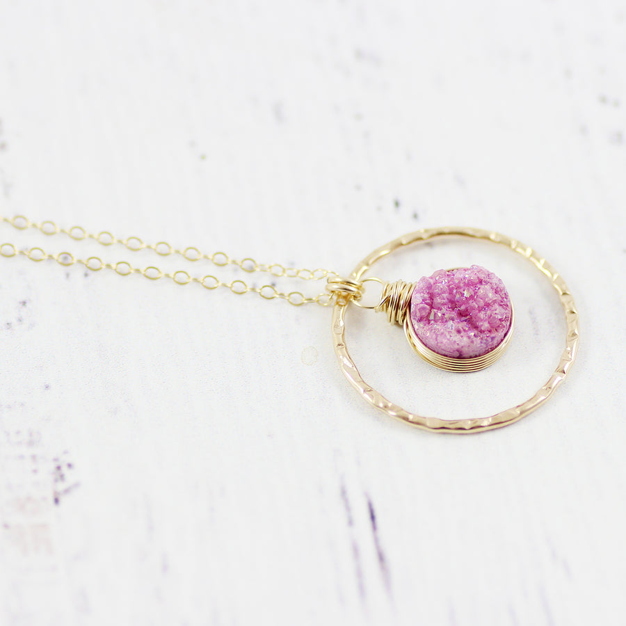 Pink Druzy Geode Gold Filled Pendant Necklace