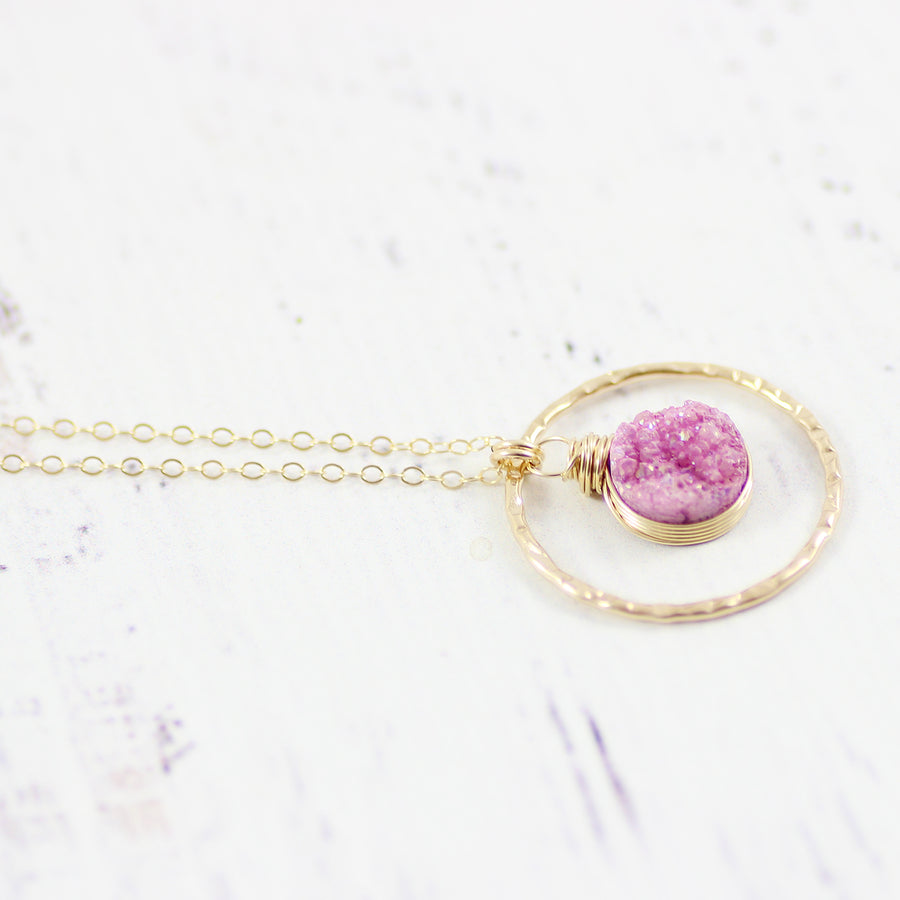 Pink Druzy Geode Gold Filled Pendant Necklace