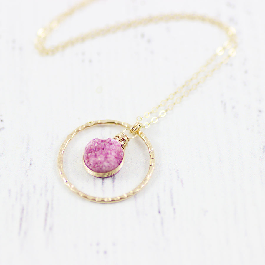 Pink Druzy Geode Gold Filled Pendant Necklace