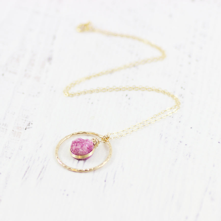 Pink Druzy Geode Gold Filled Pendant Necklace