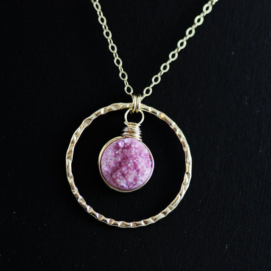 Pink Druzy Geode Gold Filled Pendant Necklace