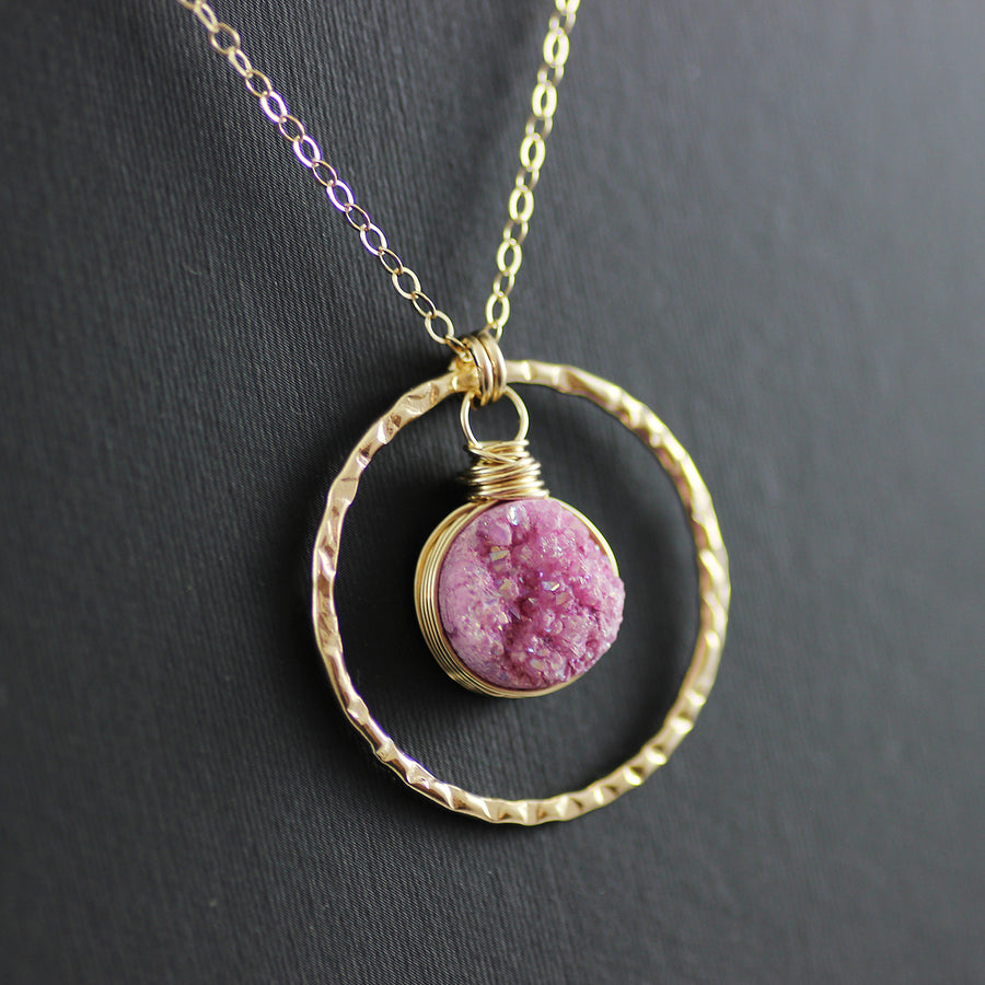 Pink Druzy Geode Gold Filled Pendant Necklace