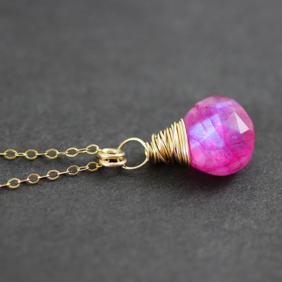 Hot Pink Rainbow Moonstone Gold Pendant Necklace