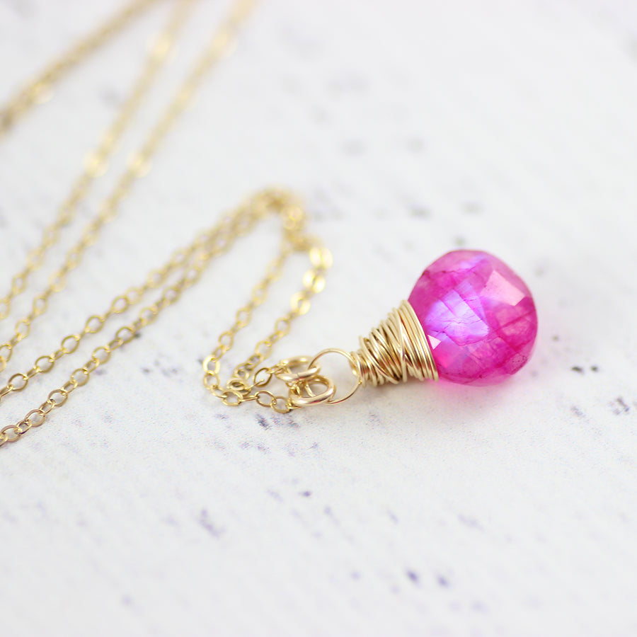 Hot Pink Rainbow Moonstone Gold Pendant Necklace