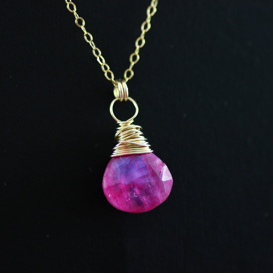 Hot Pink Rainbow Moonstone Gold Pendant Necklace