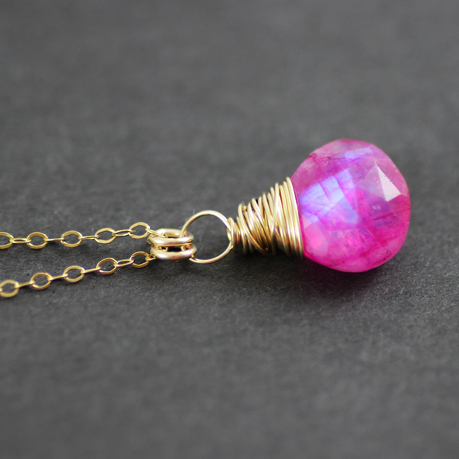 Hot Pink Rainbow Moonstone Gold Pendant Necklace