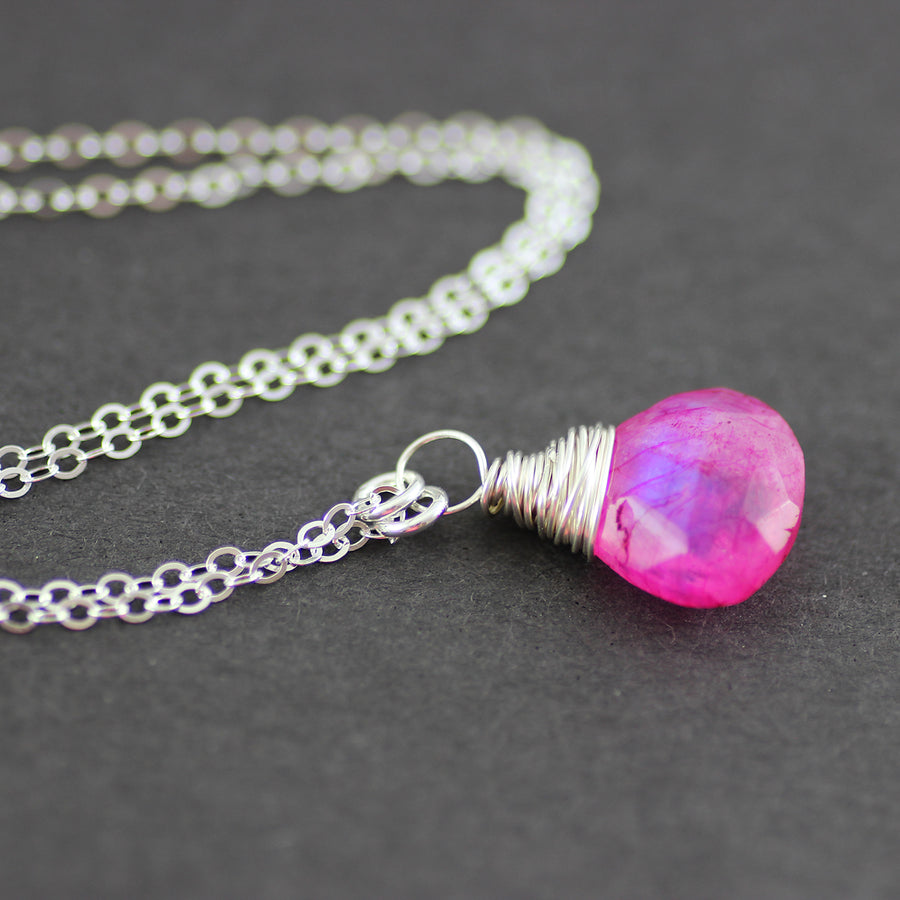 Hot Pink Rainbow Moonstone Silver Pendant Necklace