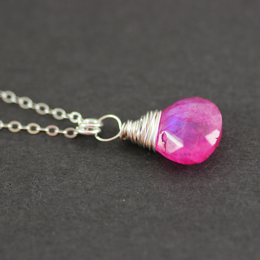Hot Pink Rainbow Moonstone Silver Pendant Necklace