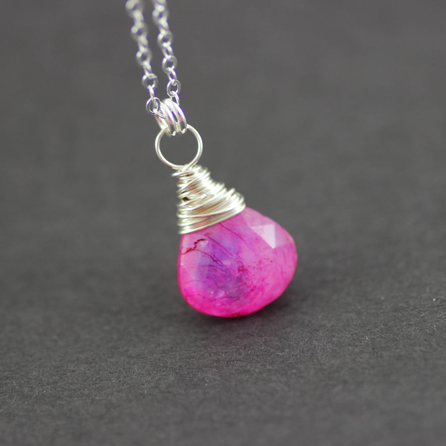 Hot Pink Rainbow Moonstone Silver Pendant Necklace