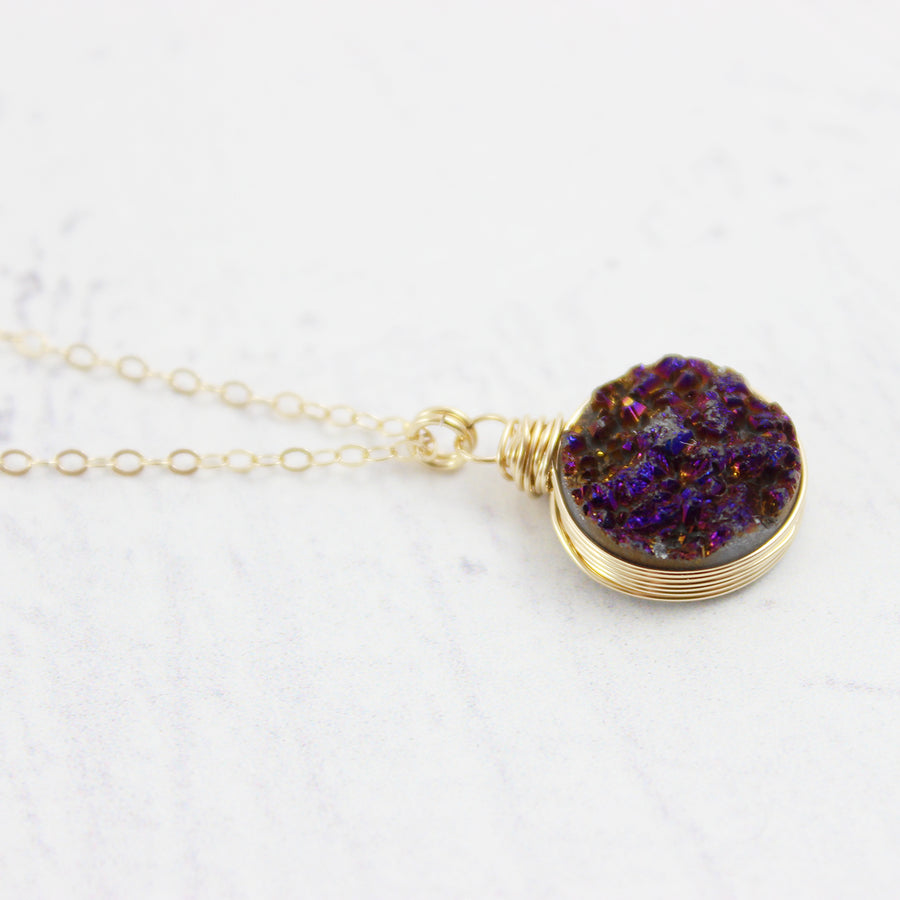 Dark Metallic Purple Gold Filled Druzy Stone Necklace