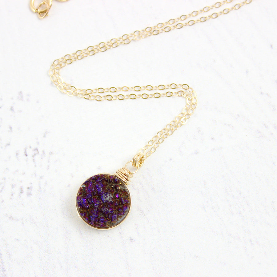 Dark Metallic Purple Gold Filled Druzy Stone Necklace