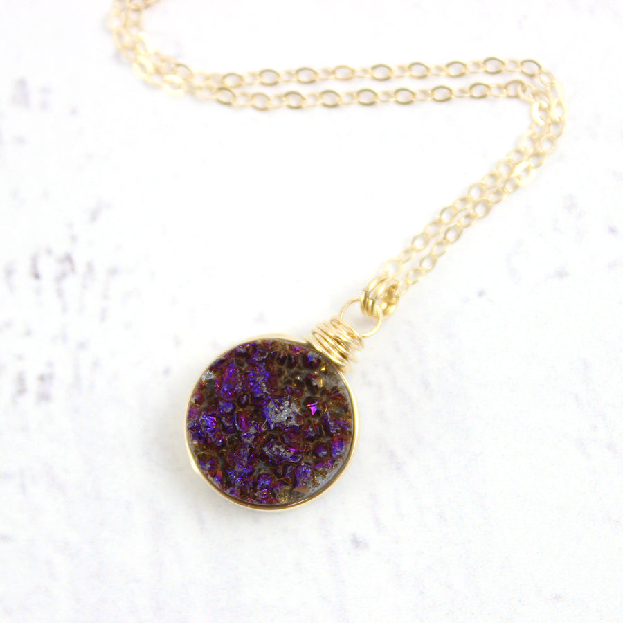 Dark Metallic Purple Gold Filled Druzy Stone Necklace