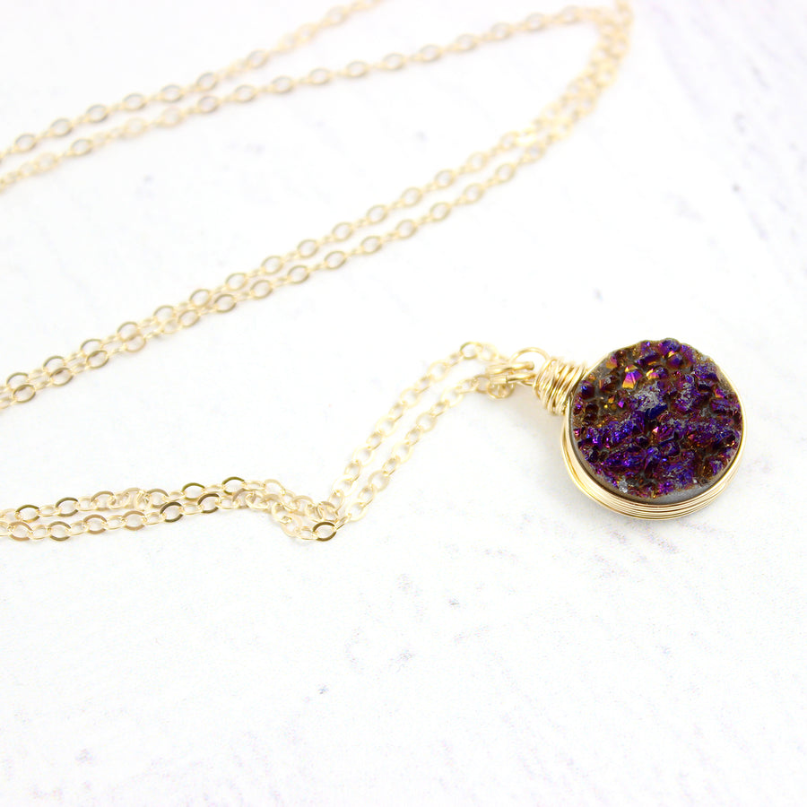 Dark Metallic Purple Gold Filled Druzy Stone Necklace