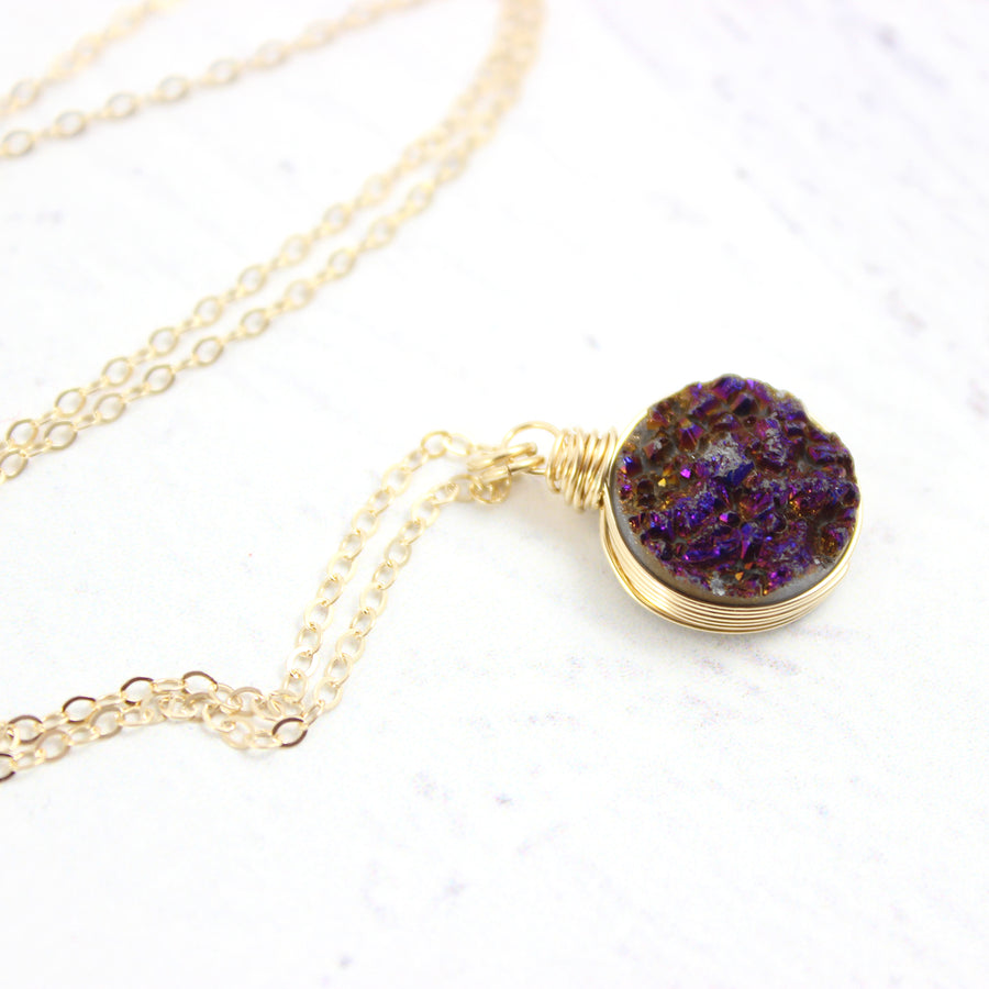 Dark Metallic Purple Gold Filled Druzy Stone Necklace