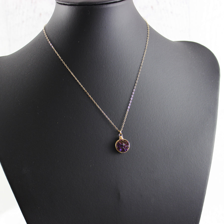 Dark Metallic Purple Gold Filled Druzy Stone Necklace