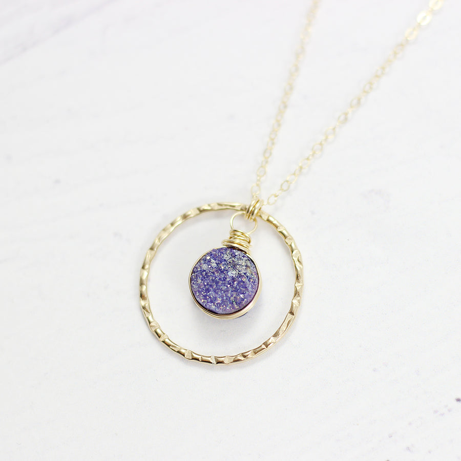 Purple Druzy Geode Yellow Gold Pendant Necklace
