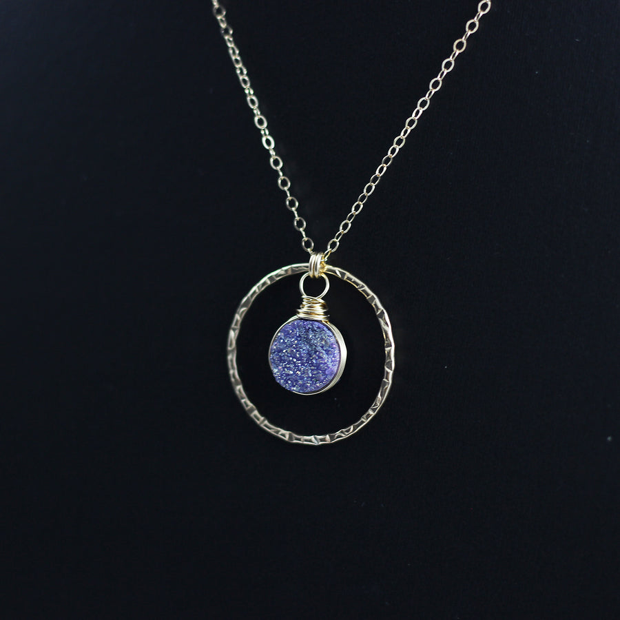 Purple Druzy Geode Yellow Gold Pendant Necklace