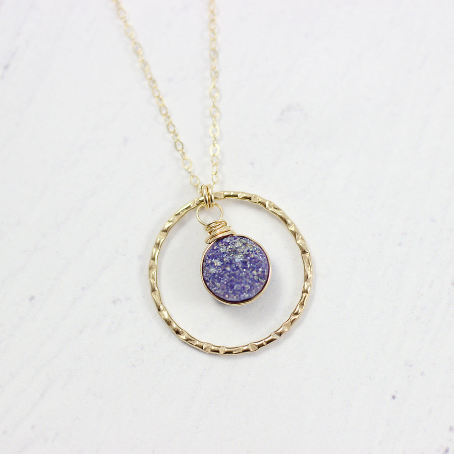 Purple Druzy Geode Yellow Gold Pendant Necklace