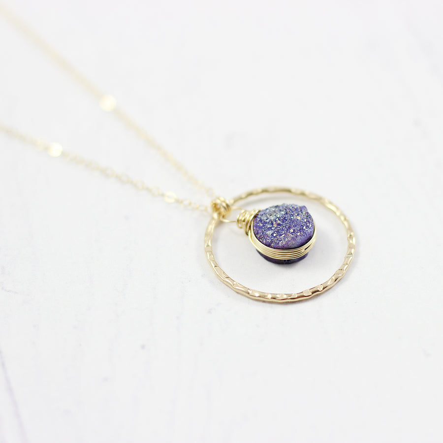 Purple Druzy Geode Yellow Gold Pendant Necklace