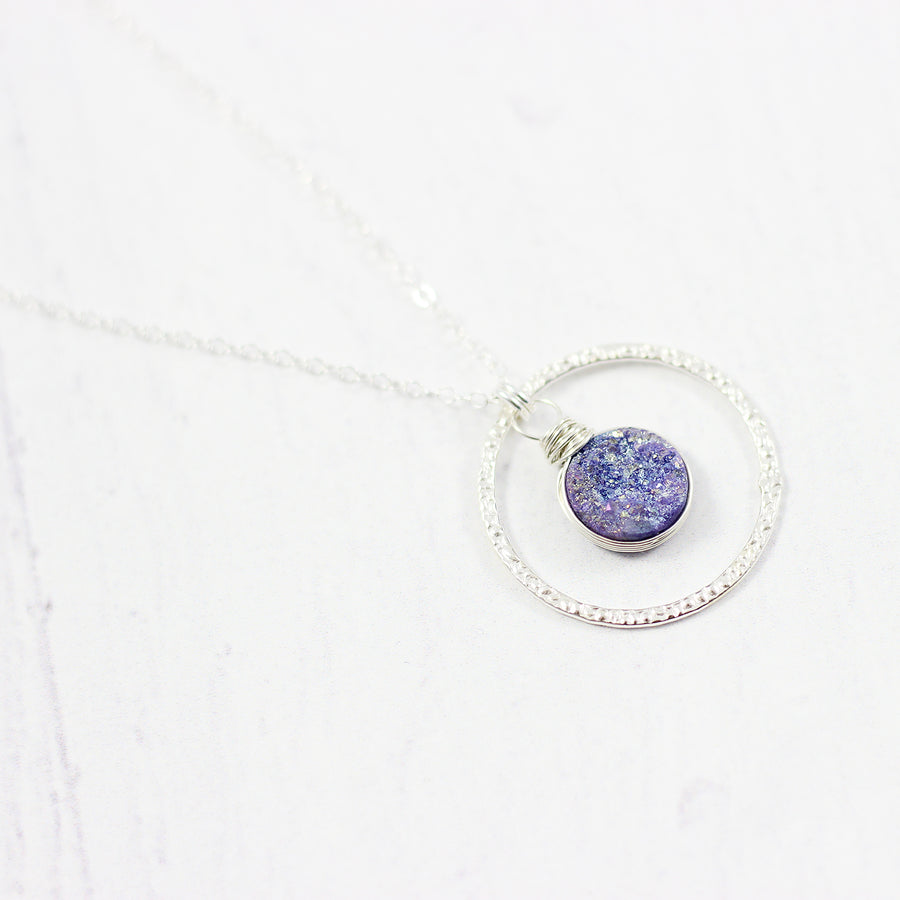 Purple Druzy Geode Sterling Silver Pendant Necklace
