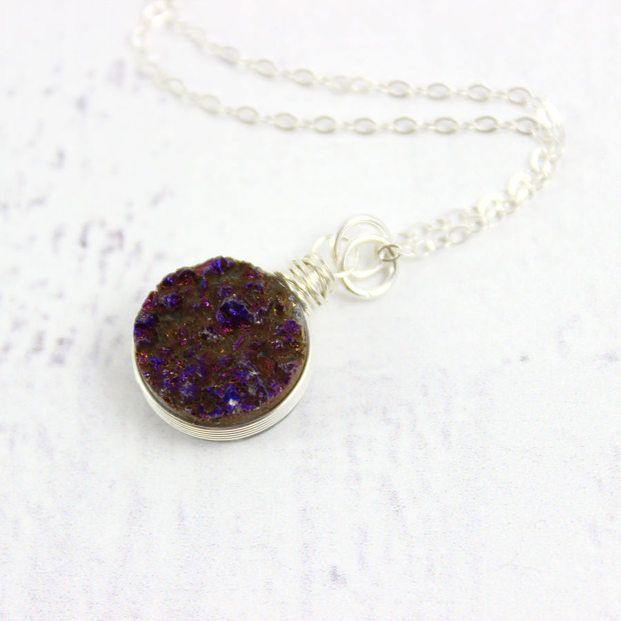 Dark Metallic Purple Sterling Silver Druzy Geode Pendant Necklace