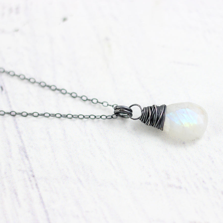 Rainbow Moonstone Oxidized Teardrop Pendant Necklace