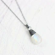 Rainbow Moonstone Oxidized Teardrop Pendant Necklace