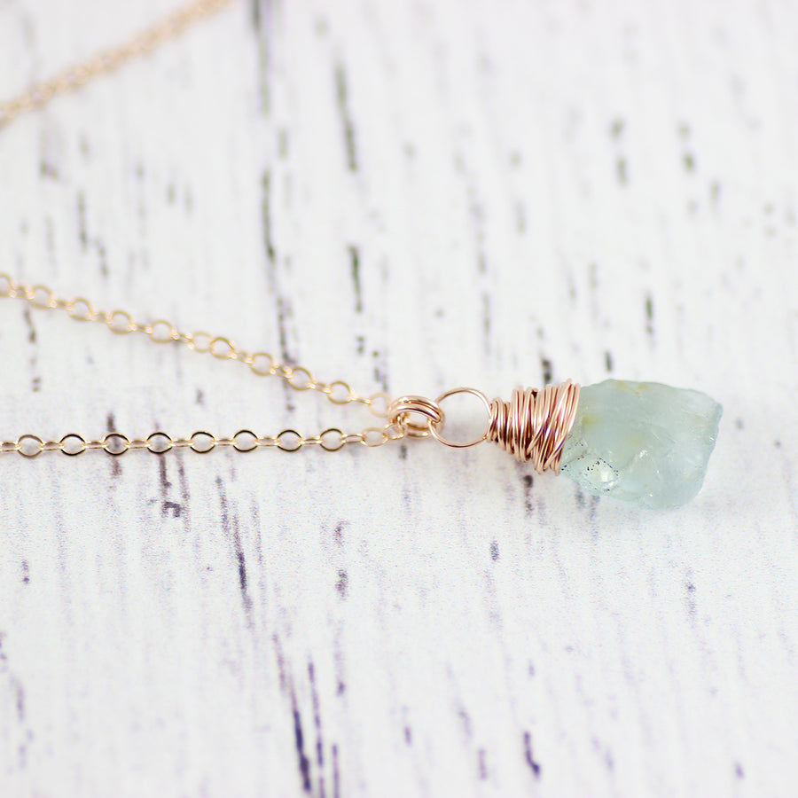 Blue Aquamarine Raw Gemstone Rose Gold Necklace