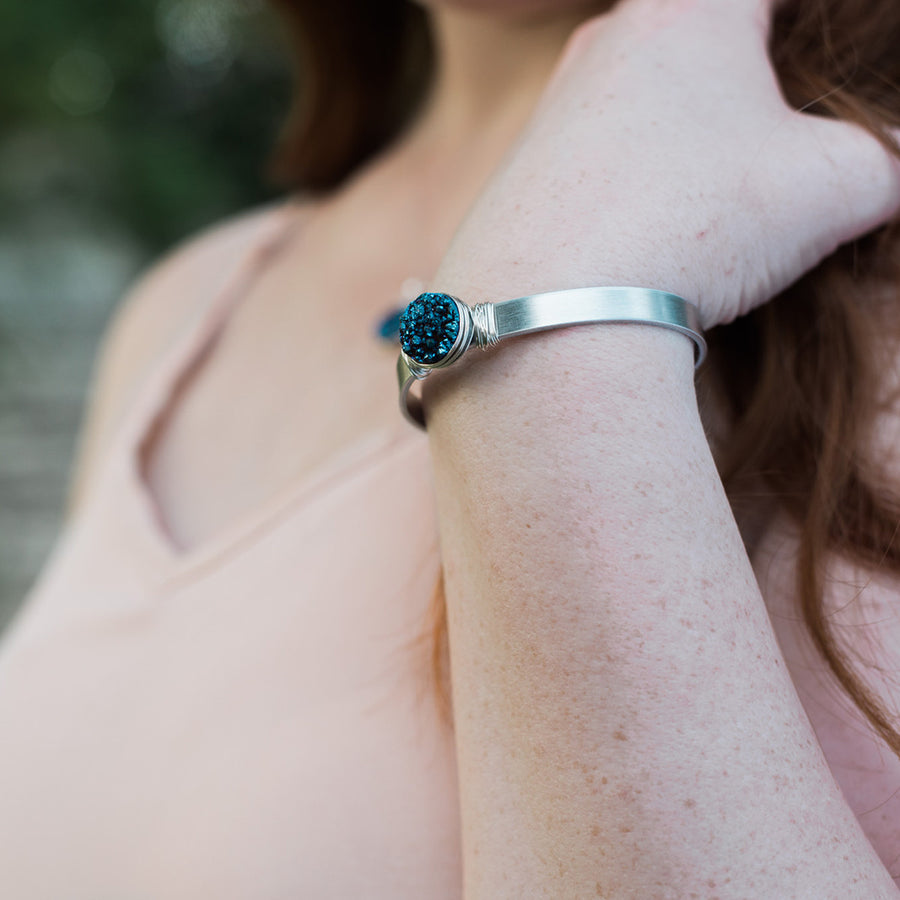Dark Blue Druzy Geode Silver Cuff Bracelet