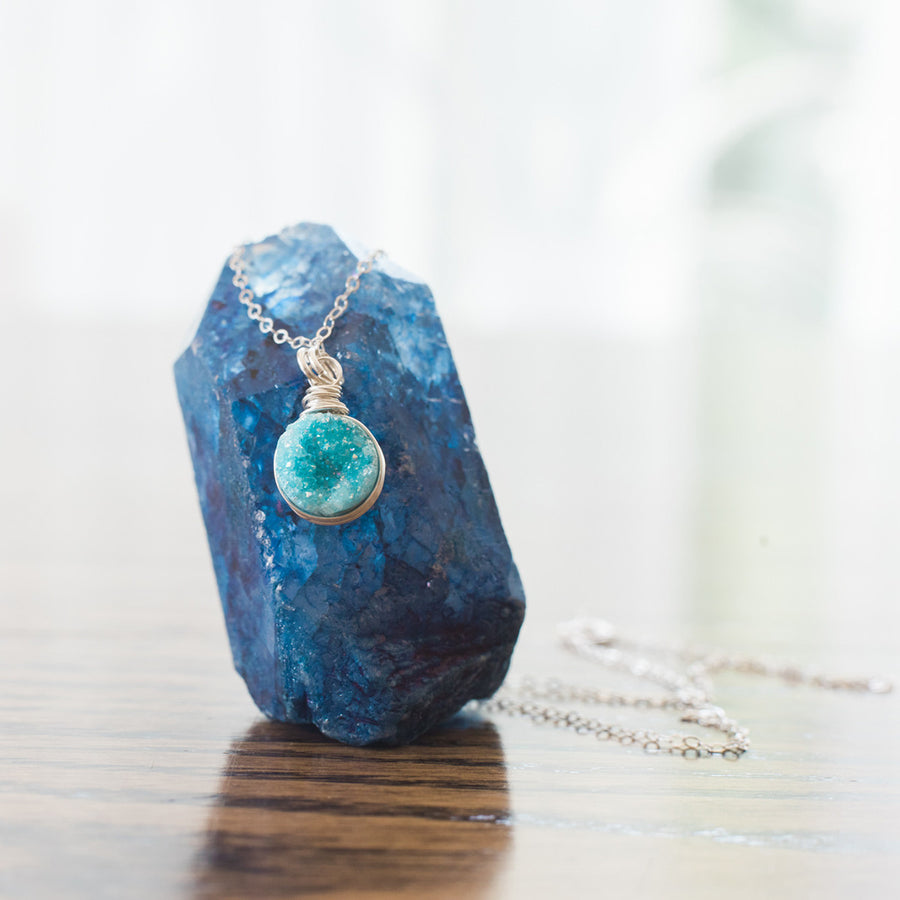 Sky Blue Druzy Silver Circle Necklace