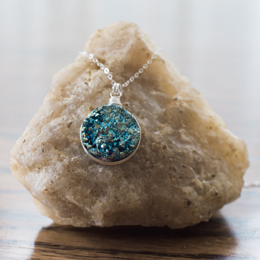 Blue Green Large Druzy Sterling Silver Necklace