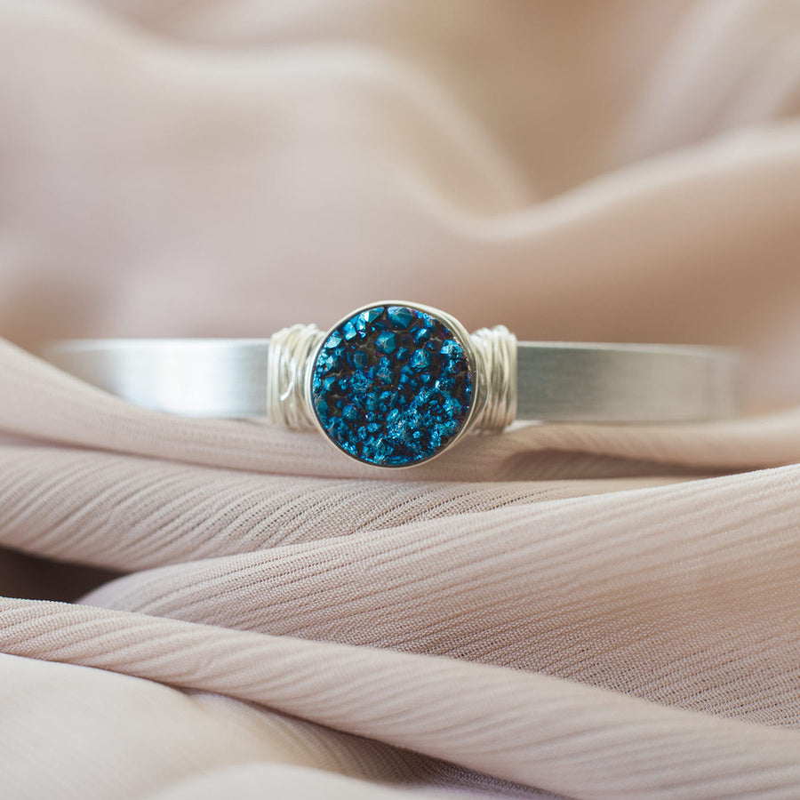 Dark Blue Druzy Geode Silver Cuff Bracelet