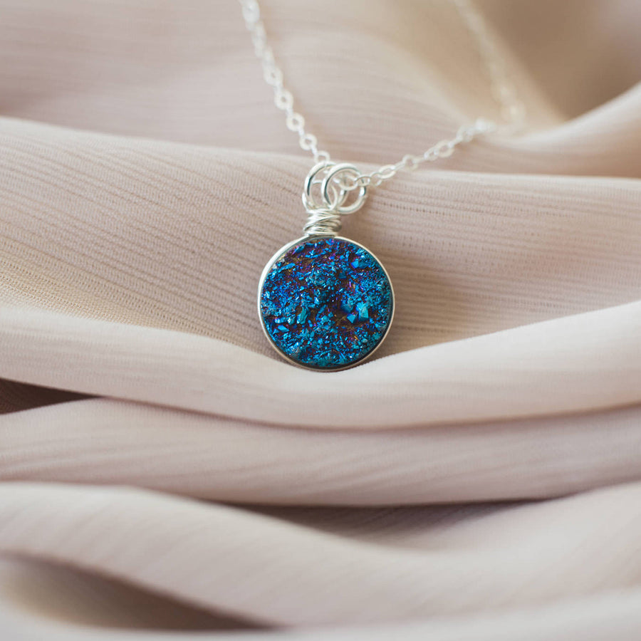 Dark Blue Druzy Silver Circle Necklace