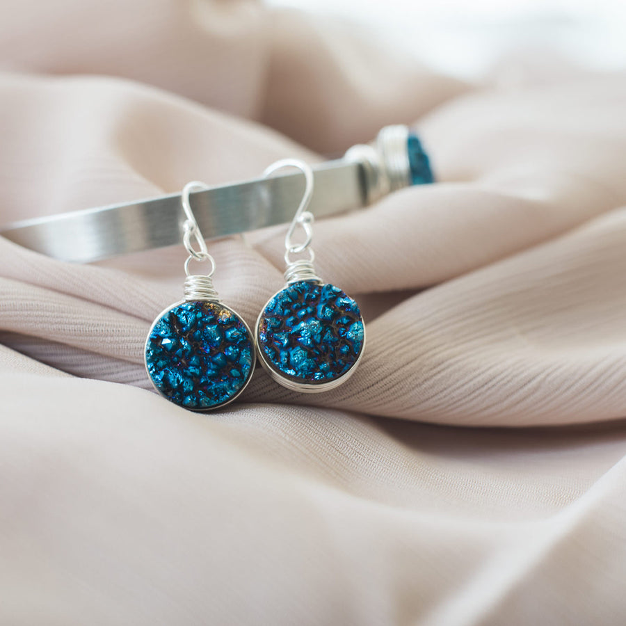 Dark Blue Druzy Sterling Silver Earrings