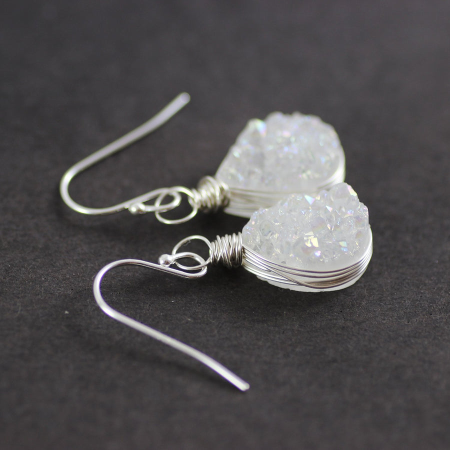 White Druzy Teardrop Silver Earrings