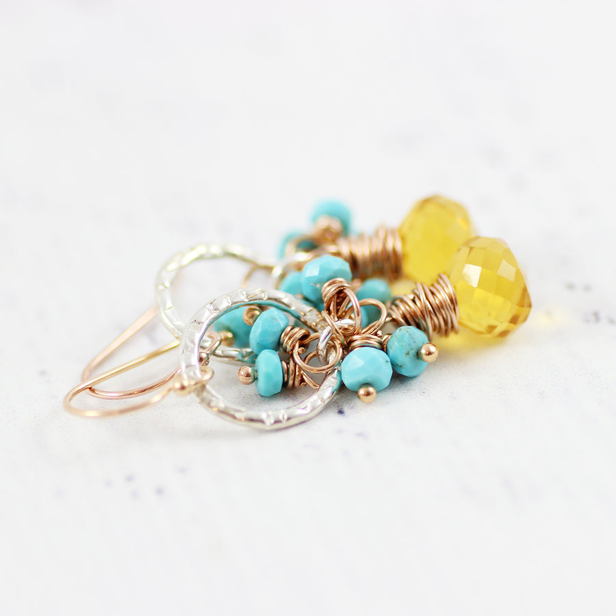 Turquoise and Citrine Gemstone Mixed Metal Dangle Earrings